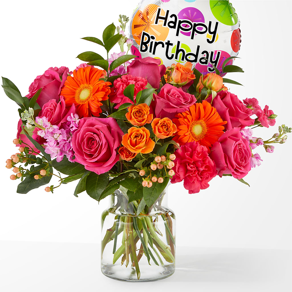 Fiesta Bouquet with Birthday Balloon – Dynamic Flowers Of Royal Oak, Royal Oak MI
