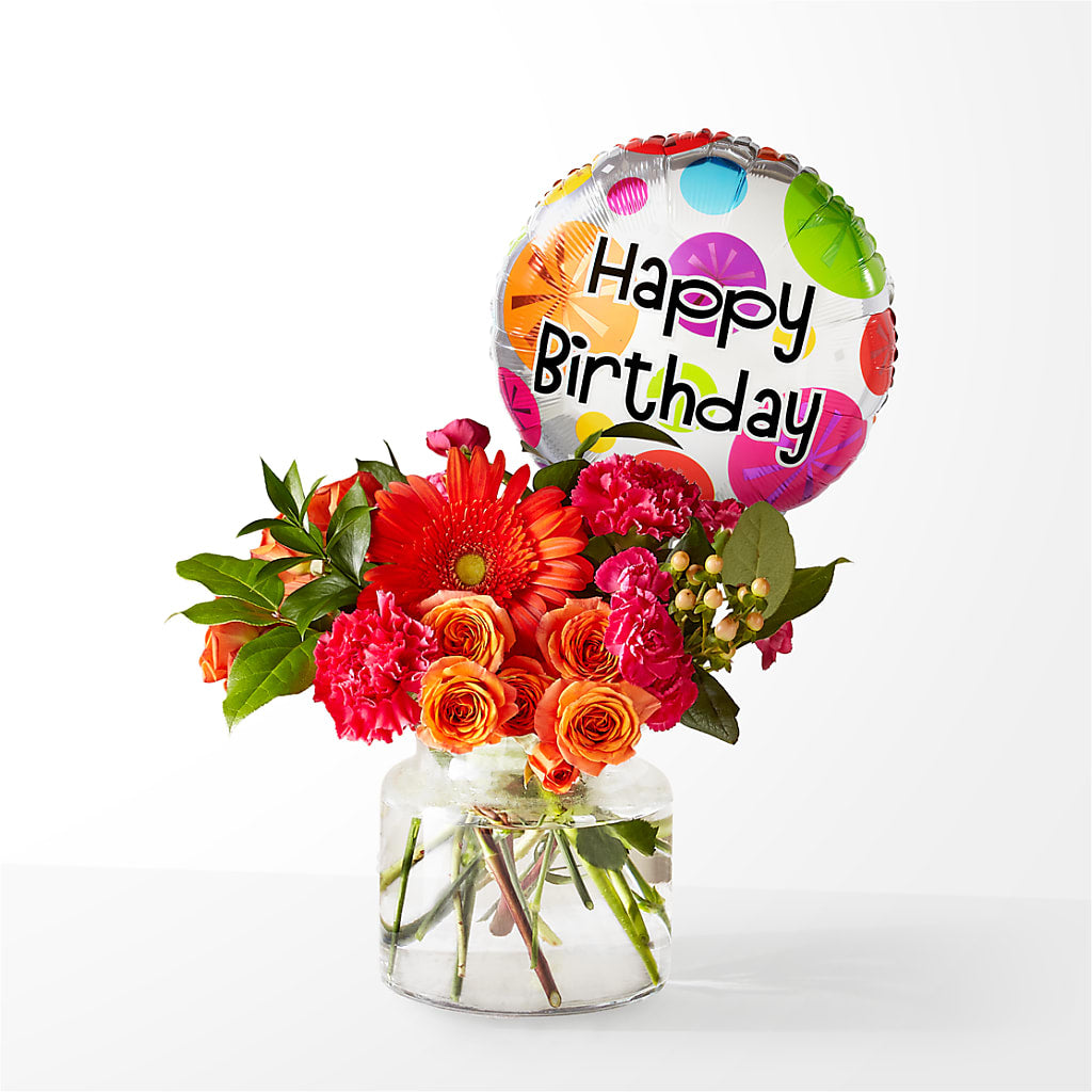 Fiesta Bouquet with Birthday Balloon – Dynamic Flowers Of Royal Oak, Royal Oak MI