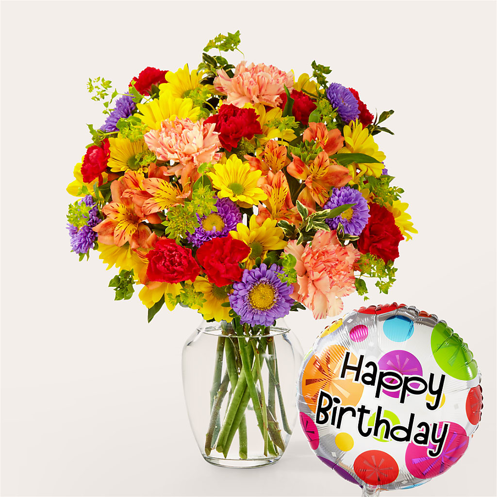 Kaleidoscope Bouquet with Birthday Balloon – Dynamic Flowers Of Royal Oak, Royal Oak MI