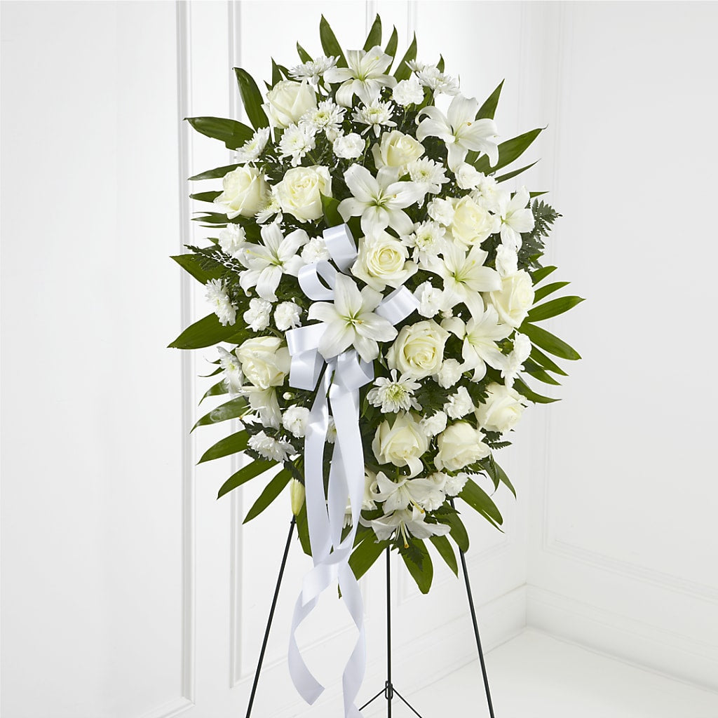 Exquisite Tribute Standing Spray-White Ribbon – Dynamic Flowers Of Royal Oak, Royal Oak MI