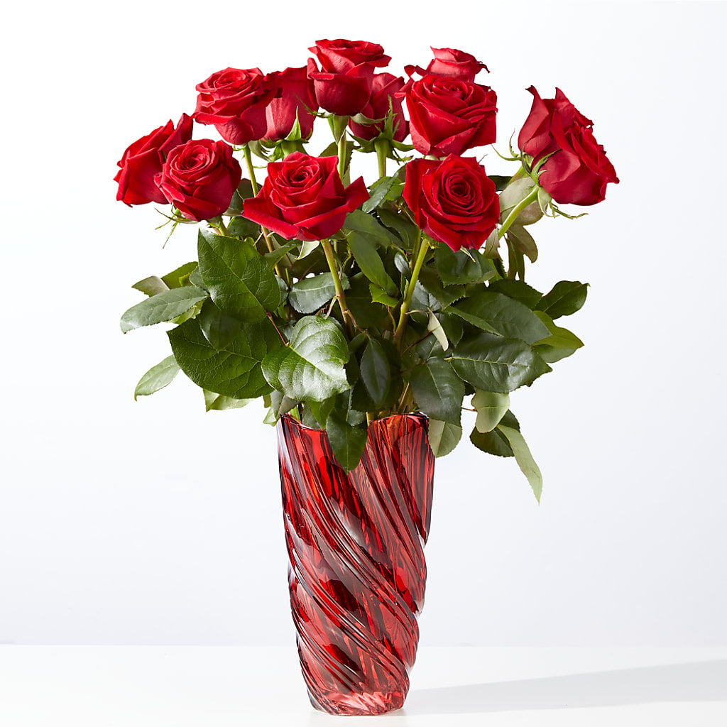 Classic Love Red Rose Bouquet with Luxe Swirl Vase – Dynamic Flowers Of Royal Oak, Royal Oak MI