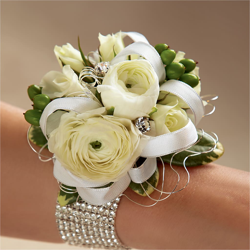 White Wedding Corsage – Dynamic Flowers Of Royal Oak, Royal Oak MI