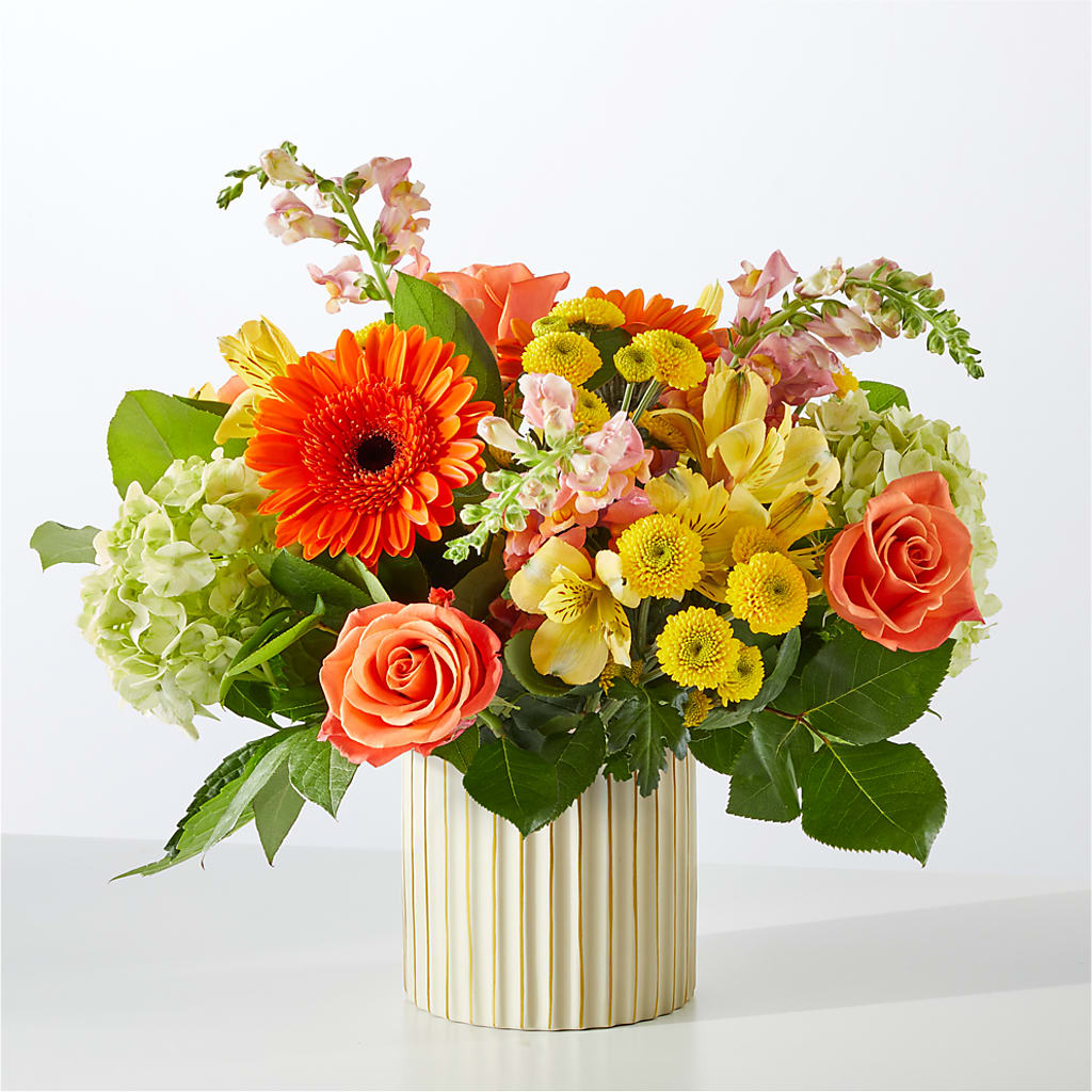 Autumn Sunshine Bouquet with Ivory Vase –  Dynamic Flowers Of Royal Oak, Royal Oak MI