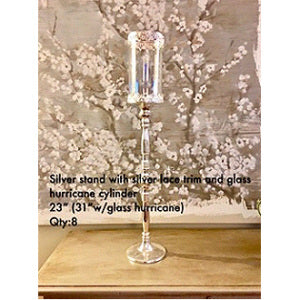 Lovely Silver Stand with Lace Trim Glass Hurricane or Glass Cylinder 23&rdquo;H~31&rdquo;H with Glass Piece